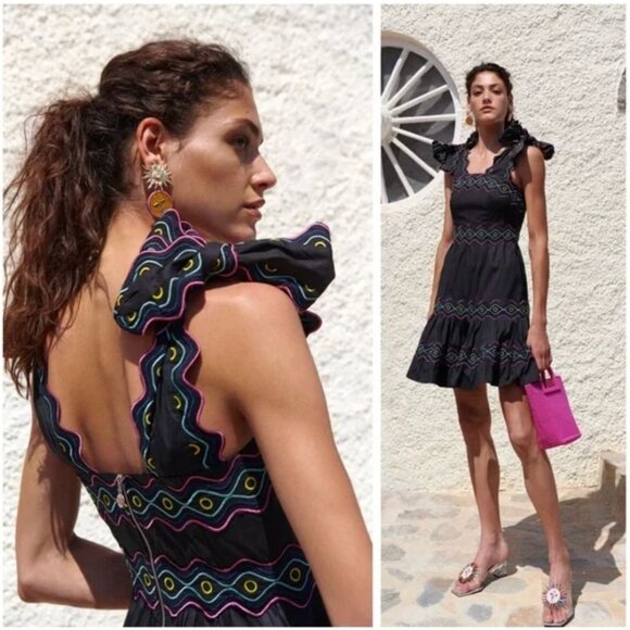 CeliaB Umi Black Tie Shoulder Embroidered Ruffle Midi Dress NWOT - Size S - Picture 1 of 10